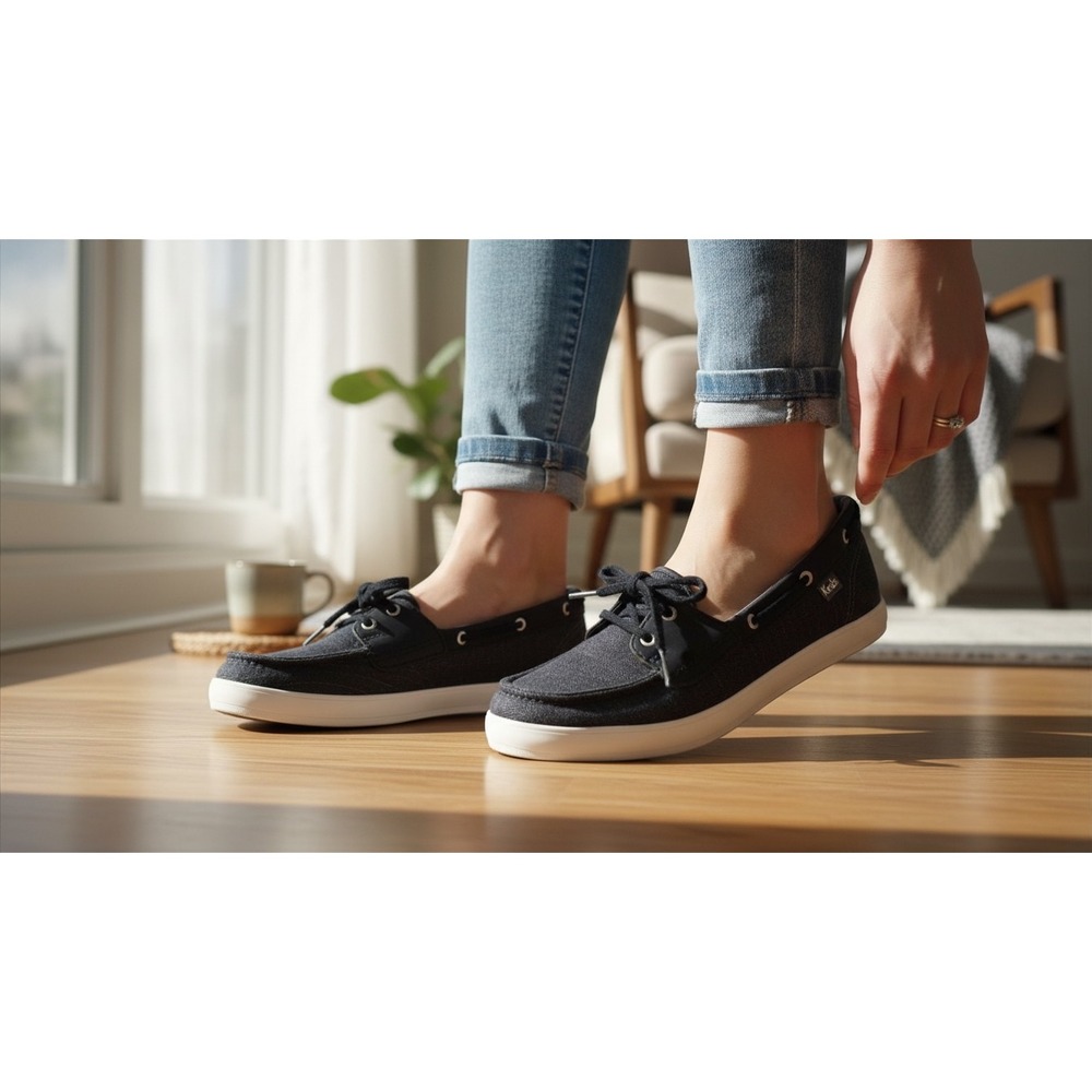 Keds Womens Boat Shoes Navy Blue Herringbone Dream Foam Flats WF61589 Size 7.5